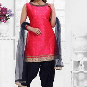 Embroidered Art Silk Jacquard Punjabi Suit In Fuchsia V1 Kumt537