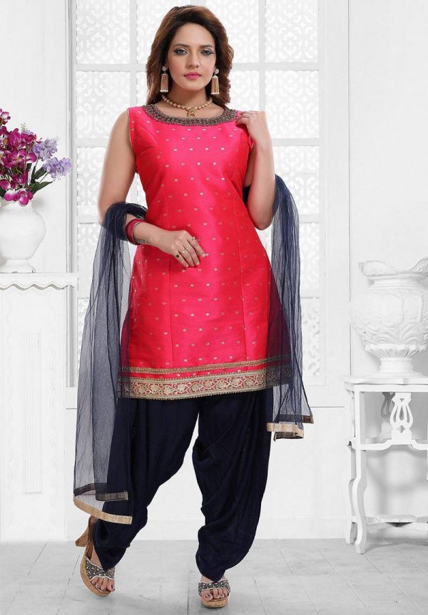 Embroidered Art Silk Jacquard Punjabi Suit In Fuchsia V1 Kumt537