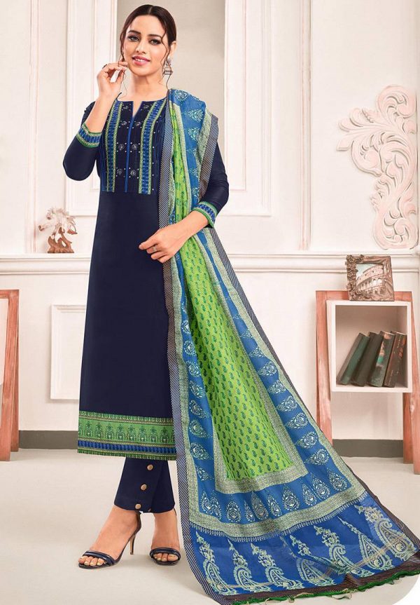 Embroidered Art Silk Pakistani Suit In Navy Blue V1 Kbnq1095