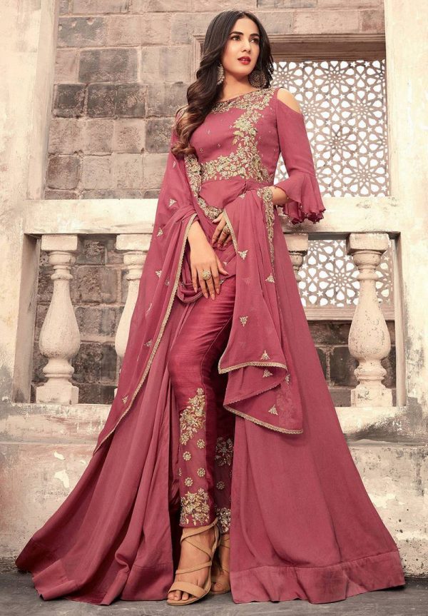 Embroidered Georgette Abaya Style Suit In Old Rose V1 Kch1009