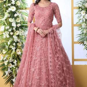 Embroidered Net Abaya Style Suit In Pink V1 Kmtg8