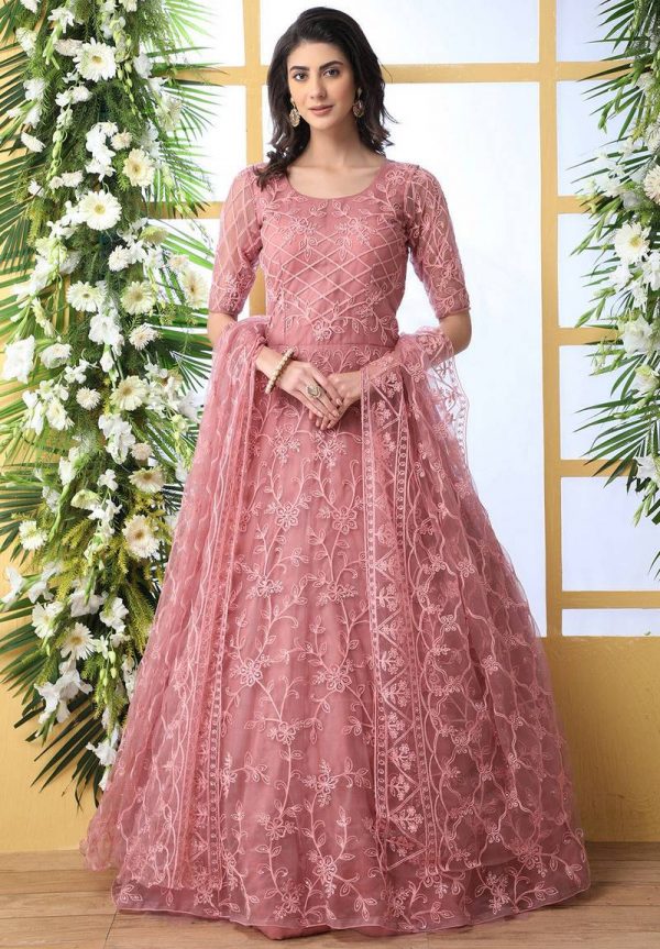 Embroidered Net Abaya Style Suit In Pink V1 Kmtg8